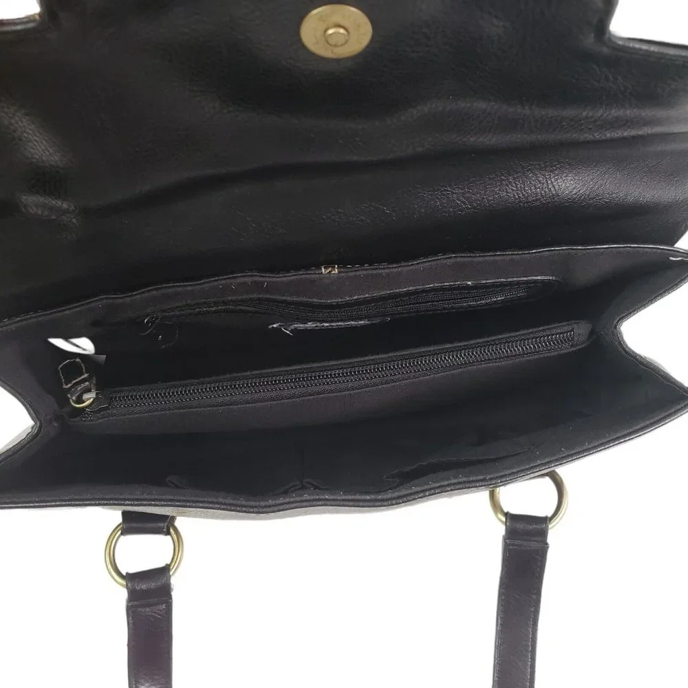 Bass Handbag Purse Black Leather Compartments Magnetic Closure Double Handles - Picture 4 of 7